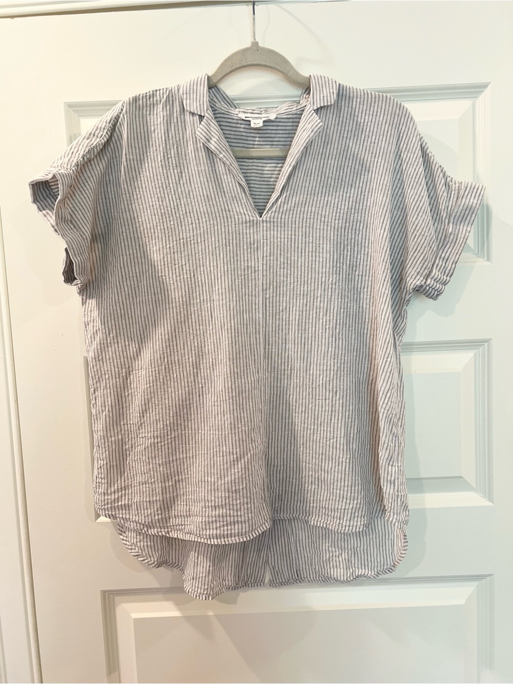 BeachLunchLounge Linen Blend Striped Split Neck Tunic Top Coastal Boho Medium - Picture 2 of 11